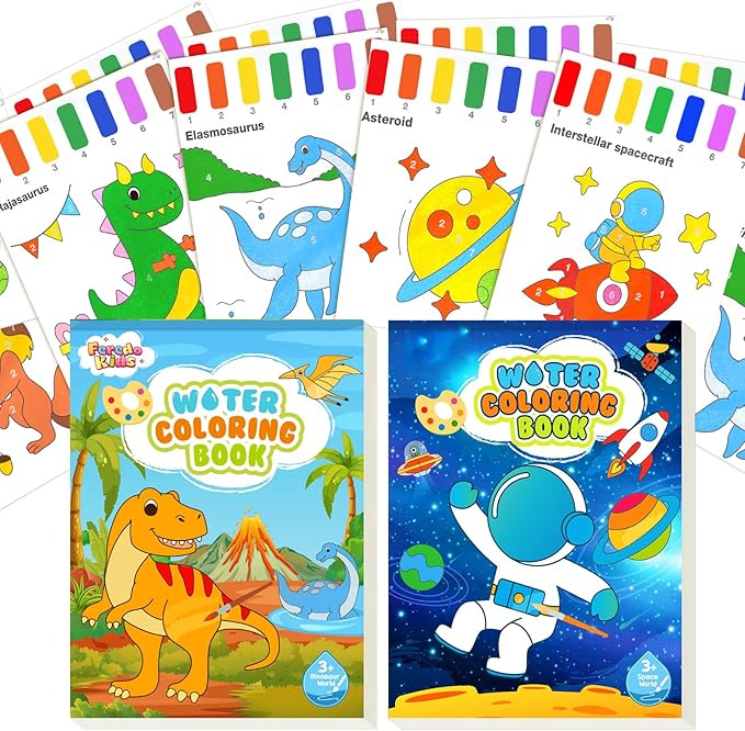 Water Coloring Books for Toddlers - Easter Basket Stuffers Watercolor Paint Book Drawing Art Paper for Kids Mess Free Craft Supplies kit Toy for Age 3 4 5 6 Valentines Birthday Gift(Planet,Dinasour）