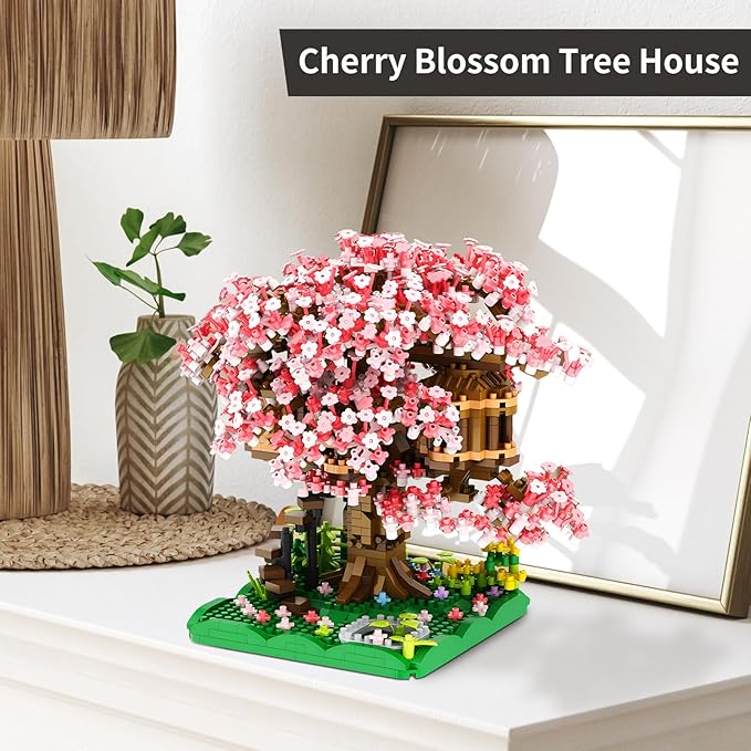 Cherry Blossom Bonsai Tree House Building Blocks Set Plants Pink Flowers Treehouse Architecture Micro Mini Block Gift for Adults and Children 1500 Pieces