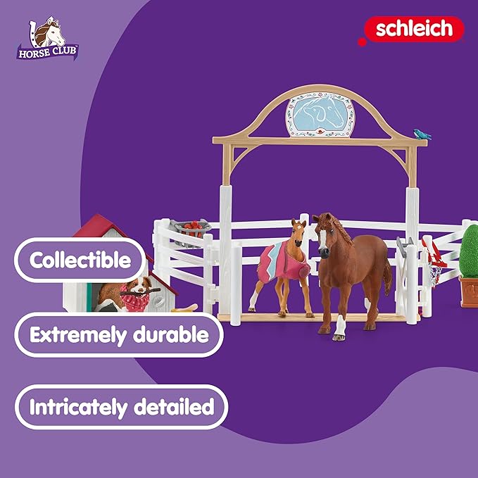 Schleich Horse Club — Hannah's Guest Horses Playset, 20-Piece Horse Stable Toy Set Including Mare, Foal, Hannah Doll and Dog Figurine, Horse Toys for Girls and Boys Ages 5+