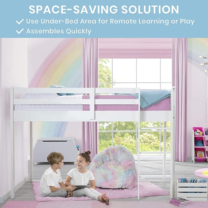 Delta Children Twin Loft Bed with Guardrail and Ladder + Tent [Bundle], White/Dots