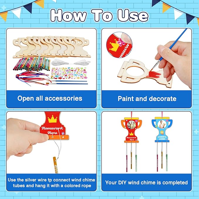 Fennoral 9 Pack Trophy Wind Chime Kit for Kids Make You Own Photo Frame Wind Chime DIY Coloring Wooden Art and Craft for Art Project Rewards Winning Prizes Birthday Christmas Party Favors