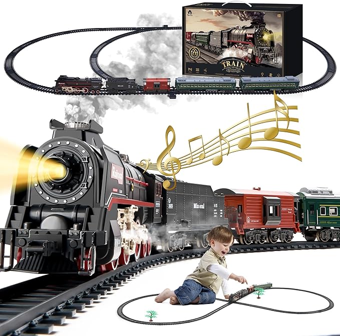 Train Set with More Tracks & Carriages, Luxury Train Toys with Smoke, Light and Sound, Christmas Train Sets for Around The Tree, Toy Train Set for 3 4 5 6 7 8+ Years Old Boys Toddlers Gifts