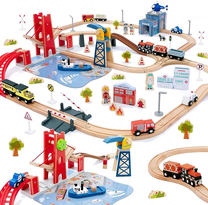 Giant bean 117 Pcs Busy Port City Train Set for Kids- Expandable & Changeable Wooden Train Track Set Toddler Toy, for Boys & Girls Ages 3+