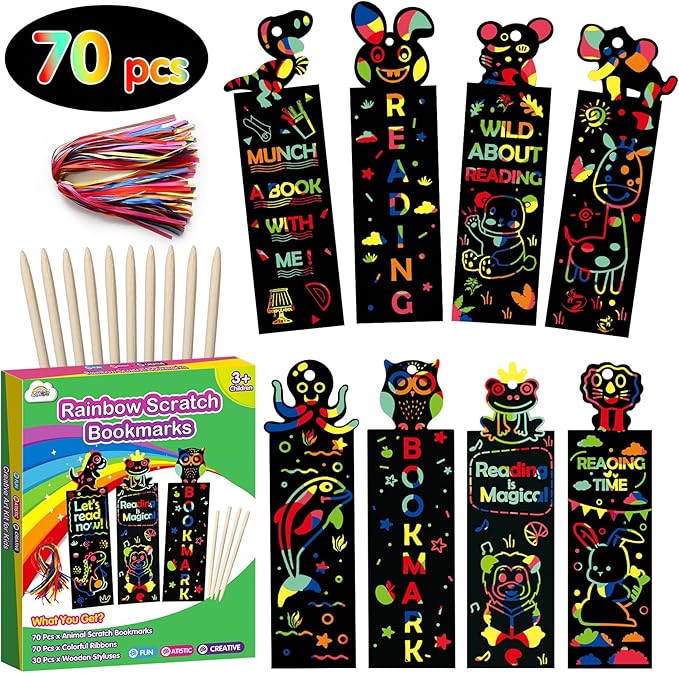 ZMLM Animal Scratch Bookmark for Kids: 70 Pcs 14 Style Magic Scratch Rainbow Bookmarks Making Kit for Girl Boy Party Favor Classroom Activity DIY Scratch Paper Art Craft Bulk for Birthday Christmas