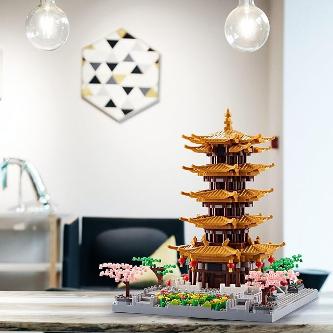 Chinese Architecture Ancient Famous Collectible Micro Building Blocks Set for Adults, 2200PCS Creative Model - Yellow Crane Tower with Cherry Blossom Tree Cherry Plants Toys and Presents