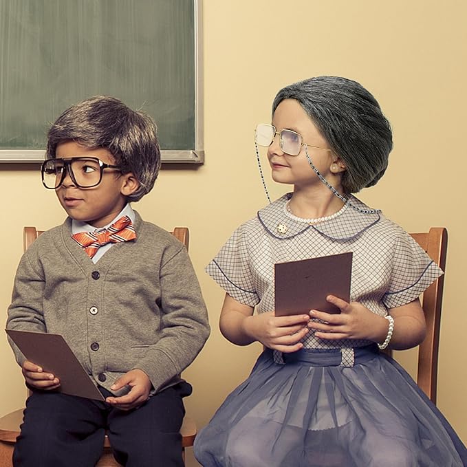 Old Lady Costume for Kids Women, 100 Days of School Black White Bun Wig Glasses Wig Cap Pearl Necklace Bracelet Accessories