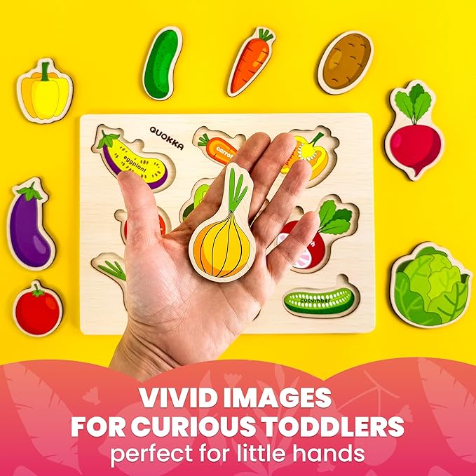 QUOKKA Wooden Puzzles for Toddlers 1-2 – 4 Set Pegged Puzzles for Kids Ages 1-2 – Veggies Learning Toy for Kids – Gift Realistic Educational Game for Boy and Girl