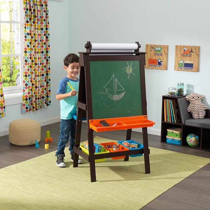 KidKraft Wooden Storage Easel with Dry Erase and Chalkboard Surfaces, Children's Art Furniture - Espresso, Gift for Ages 3+