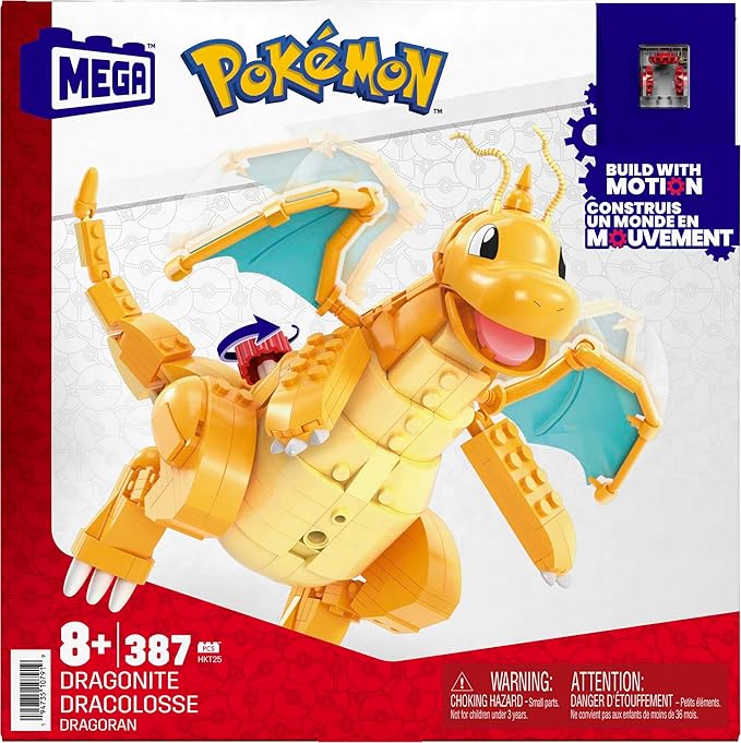 MEGA Pokémon Building Toys Set Dragonite with 388 Pieces, Articulated and Poseable with Motion, 7 Inches Tall, for Kids
