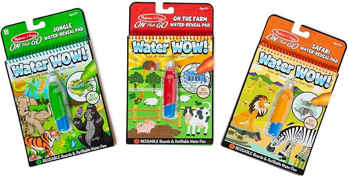 Melissa & Doug On the Go Water Wow! Reusable Color with Water Activity Pad 3-Pack, Jungle, Safari, Farm - FSC Certified