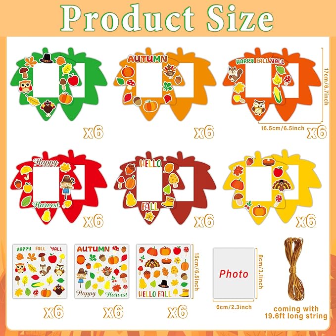 Qyeahkj 36 Sets Fall Thanksgiving Craft for Kids DIY Autumn Leaves Picture Frame Craft Kit with Easel Maple Leaf Fun Photo Frame Craft and Arts Kit for Home Class Kindergarten Party Art Activity