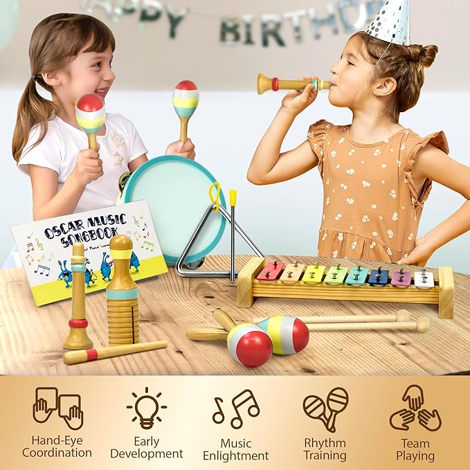 MINIARTIS Baby Musical Instruments - Montessori Musical Toys for Toddlers 1-3 | Neutral Colors Wooden Percussion Set | Modern Boho Xylophone for Kids with 15 Songbook, Preschool Educational Toys