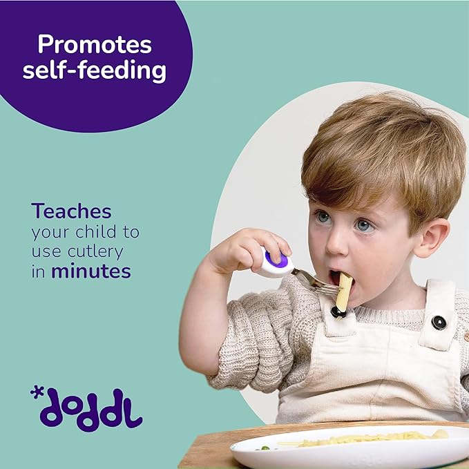 doddl Toddler Utensils, Ergonomic Fork and Spoon Set for Self Feeding, Stainless Steel Silverware for 1-3 Year Olds, BPA Free, Dishwasher Safe (Magenta)
