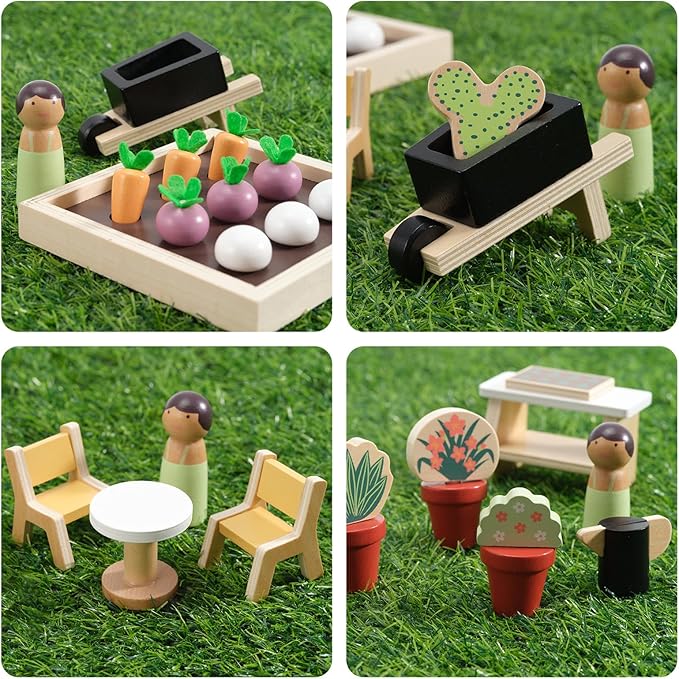 PairPear Dollhouse Furnitures Flower Garden Toy Greenhouse Playset,Toddlers Wooden Toys Dollhouse Garden Toys,Pretend Play Food Set for Girls Boys 3 Years and Up