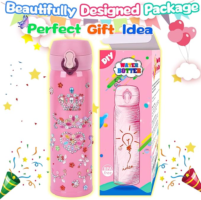 YOFUN Create Your Water Bottle with Tons of Rhinestone Gem Stickers - Craft Kit & DIY Art Set for Children, Gift for Girls - 17 OZ BPA Free Stainless Steel Vacuum Insulated Mug (Gemstone)