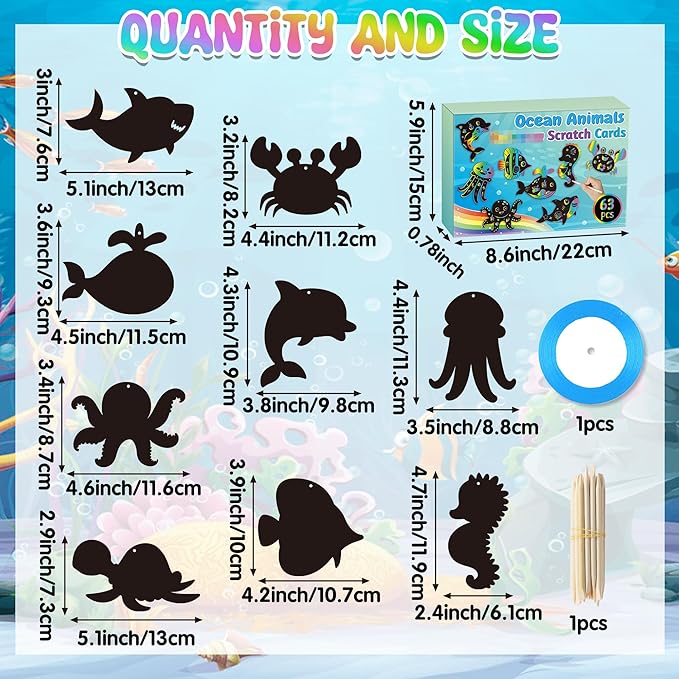 CY2SIDE Ocean Animals Scratch Cards - 63PCS DIY Under The Sea Magic Art Rainbow Color Craft Scratch Kit for Kids Dolphin Tortoise Scratch Card Art Kit for Kids Birthday Party Favors School Activity