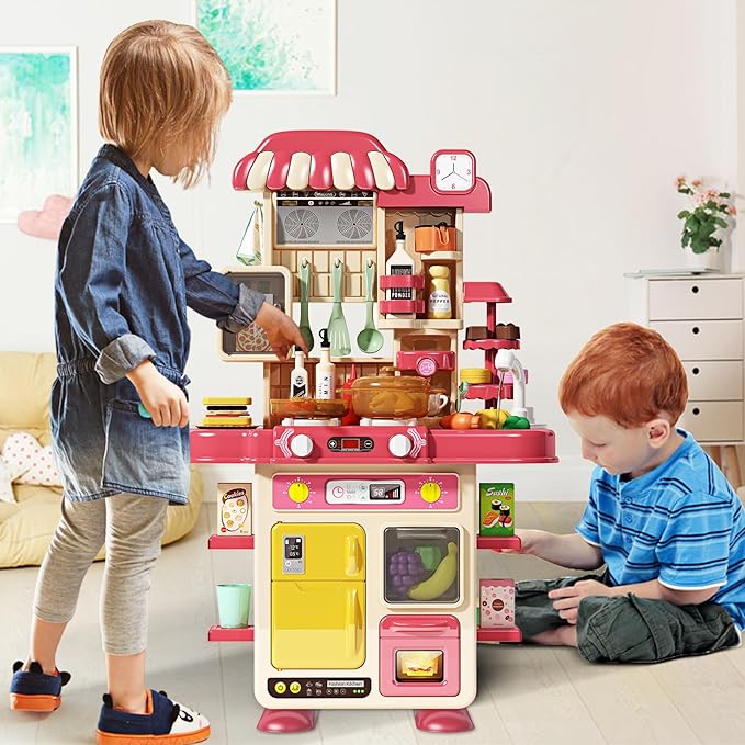 Deejoy 48Pcs Kitchen Playset for Boys & Girls, Kid Play Kitchen with Realistic Lights & Sounds, Spray Sink, Pretend Food Toys Kitchen for Toddlers (Red)