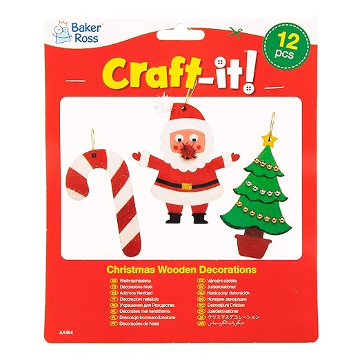 Baker Ross AX464 Christmas Wooden Decorations - Pack of 12, Wood Crafts for Kids to Decorate, Ideal Christmas Tree Decoration, Great for School, Craft Groups and Home Crafting