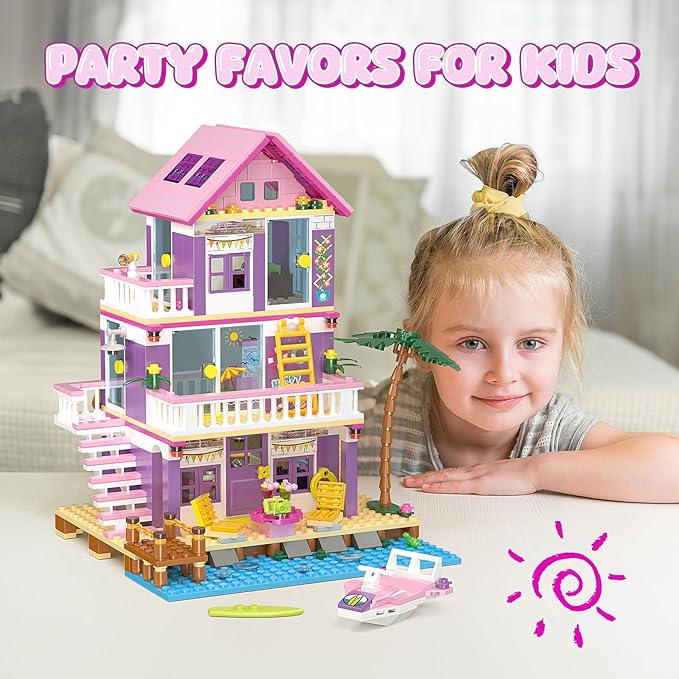 Beach House Building Set, Seaside Villa House Building Toys Compatible with Lego Friends Sets for Girls Age 8-12, Creative Holiday Cottage Building Kit, Birthday, Valentine's Day