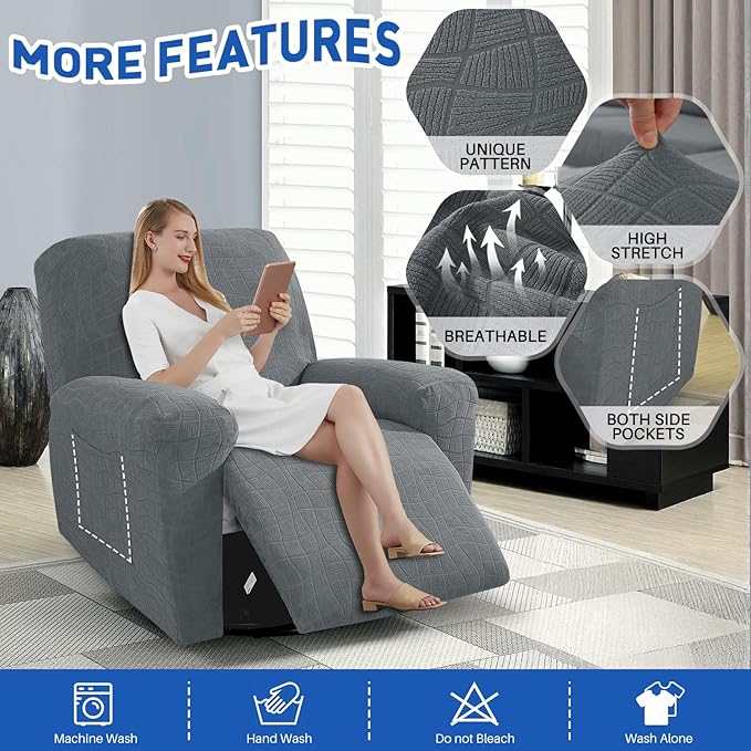 MAXIJIN Waterproof Recliner Covers for Large Recliner 3 Pieces Oversized Recliner Chair Covers, Washable Lazy Boy Reclining Slipcovers with Pockets for Pet, Kids (XL Recliner, Light Gray)