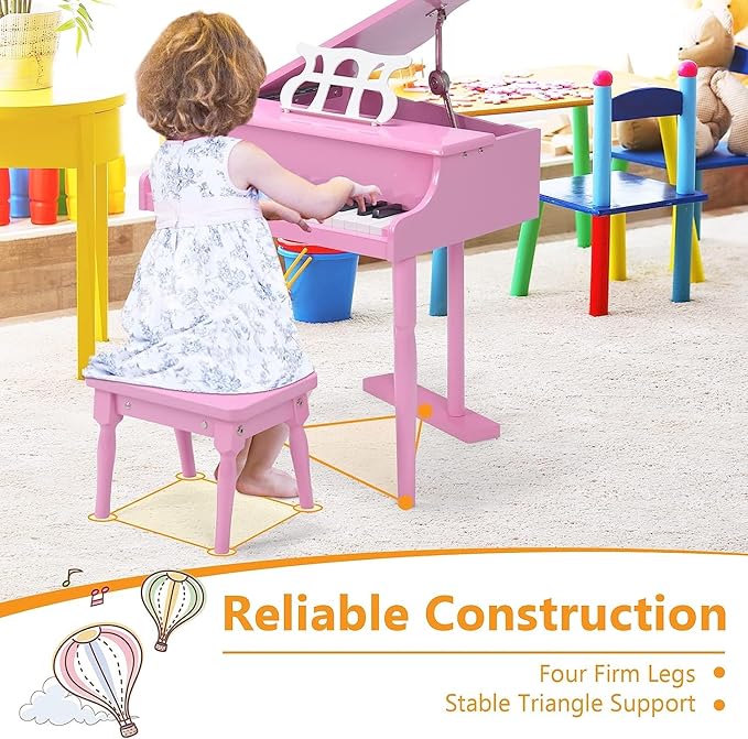HONEY JOY Classical Kids Piano, 30-Key Mini Grand Piano with Music Stand and Bench, Wooden Musical Instrument Toy w/Lid & Music Rack, Gift for Boys Girls Ages 3+ (3 Straight Leg-Pink)