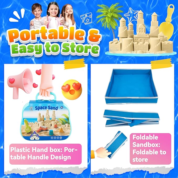 Play Sand Kit - Folding Sand Box with 1.1lbs Sensory Sand, Castle Molds & Foldable Tray - Sensory Bin Toys for Kids, Boys and Girls