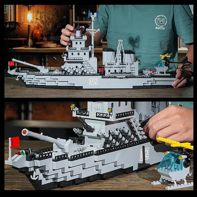 WW2 Military Battleship Building Block Set, Large-SizedCruiser Toy, Military Battle Ship Toy with Helicopter and City Lifeboat, A Gift Compatible with Lego Sets for Boys 8-14 & Adults (910pcs)