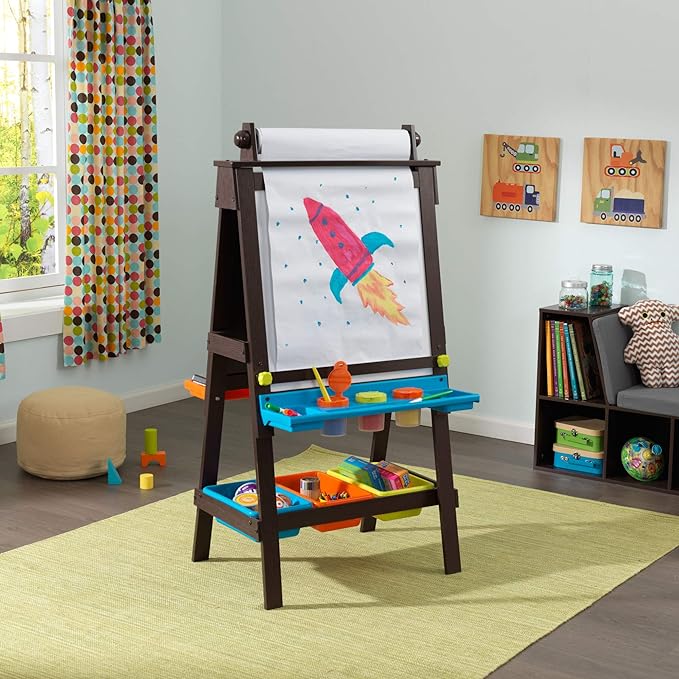 KidKraft Wooden Storage Easel with Dry Erase and Chalkboard Surfaces, Children's Art Furniture - Espresso, Gift for Ages 3+
