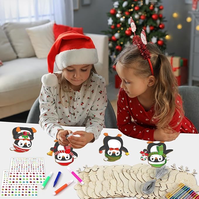 gisgfim 16 Pack Christmas Penguins Wind Chime Crafts Kits for Kids Make Your Own Penguin Wind Chime Wooden DIY Arts and Crafts for Christmas Party School Classroom Decorations Supplies Birthday Favors