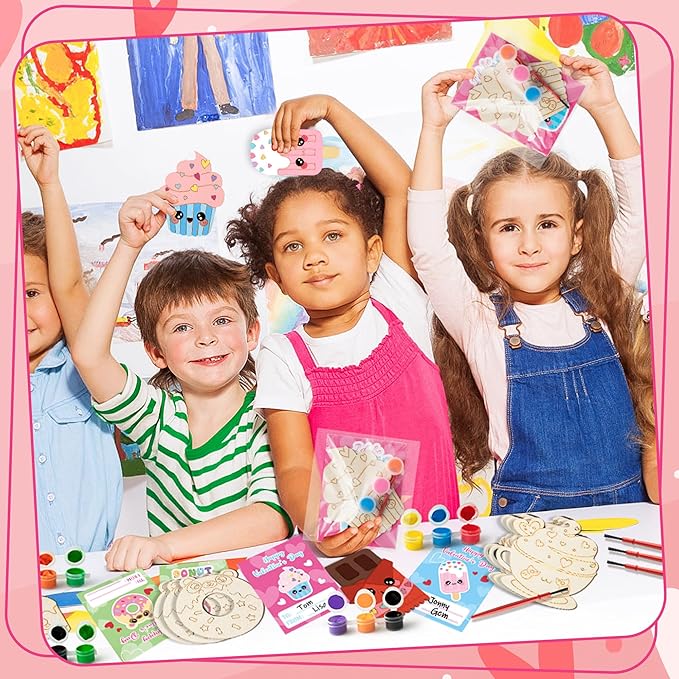 CJiangpo 24 Pack Valentine’s Day Dessert Wood Painting Craft Kits, Valentines Cards with Watercolor Paint Bulk for Boys Girls, Color Your Own Wooden Craft Kids Classroom Exchange Gift Party Favors