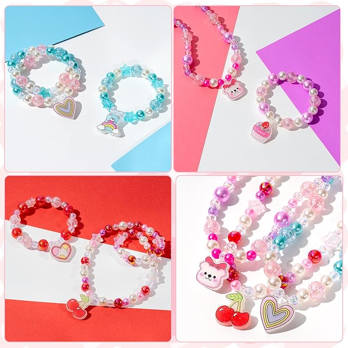 OSNIE Valentin's Day Acrylic DIY Bead - Jewelry Making Kit with 400+ Beads & Charms, Heart Cherry Cupcake Cloud Pendants Creative Children Bracelets Necklaces Rings DIY Making Art Craft Bead Kit