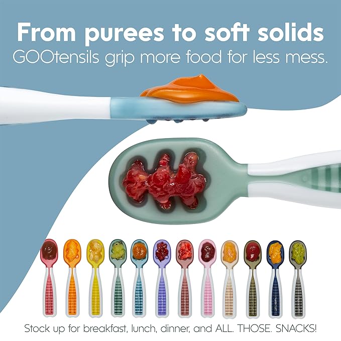 NumNum Baby Spoons Set, Pre-Spoon GOOtensils for Kids Aged 6+ Months - First Stage, Baby Led Weaning (BLW) Spoon - Self Feeding, Silicone Toddler Food Utensils - 2 Spoons, Red/Yellow