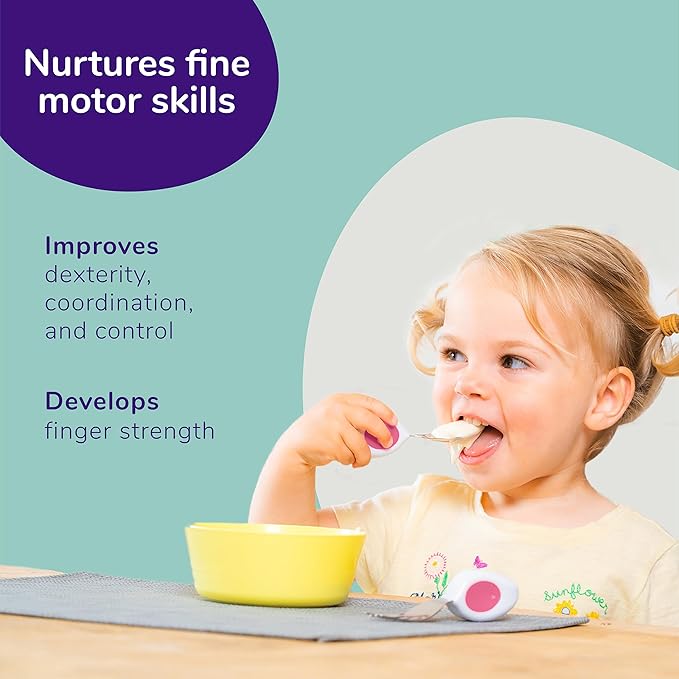 doddl Toddler Utensils, Ergonomic Fork and Spoon Set for Self Feeding, Stainless Steel Silverware for 1-3 Year Olds, BPA Free, Dishwasher Safe (Magenta)