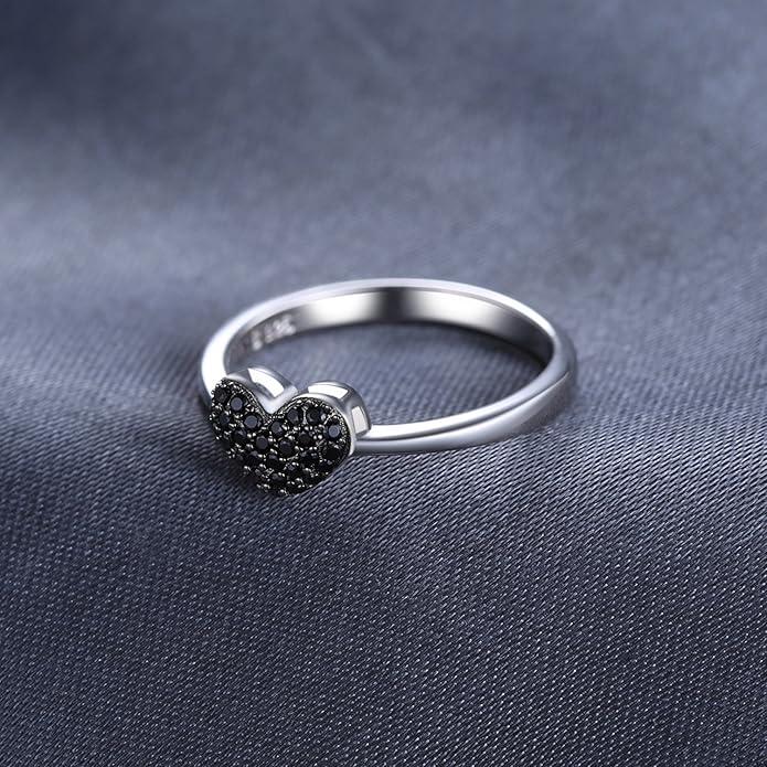 JewelryPalace Love Heart Genuine Black Spinel Rings for Her, 14K White Gold 925 Sterling Silver Promise Ring for Women, Natural Gemstone jewelry Sets Rings