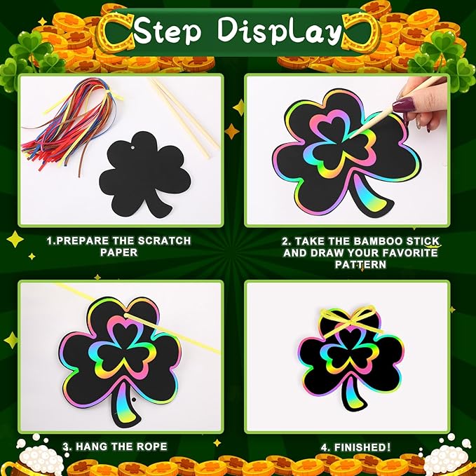JULMELON 36 PCS St Patricks Day Scratch Art for Kids, St. Patrick’s Day Crafts for Kids Rainbow Color Magic Scratch Paper Cards Shamrock Hanging Ornaments DIY Crafts Decorations Party Favors