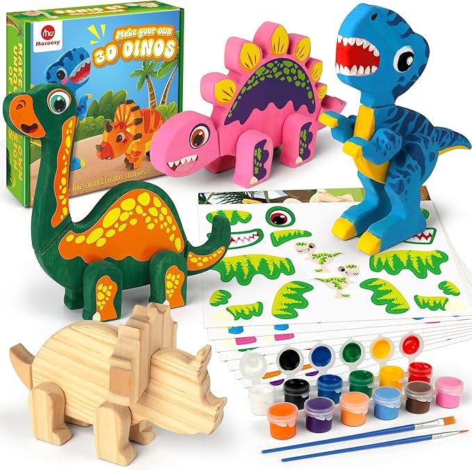 Mocoosy Wooden Dinosaur Painting Art Craft Kit for Kids 3-5, Wood Take Apart Dinosaur Snap Together Building Toy, Build Your Own Dinosaur with Paint and Stickers STEM Game Creative Gift for Boys Girls
