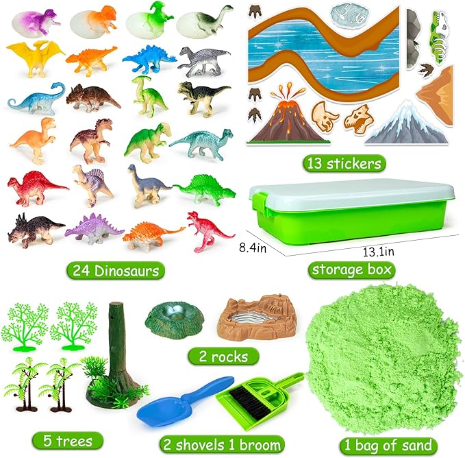 Dinosaur Sensory Bin Toys, 49 Pcs Dinosaur Sandbox Sand Kit with 2.2lb Magic Sand & Dinsoaur Figures,Sandbox with lid, Play Sand Kit, Kid Sensory Bins Birthday Gift for 3 4 5 6 7 8 Years Old