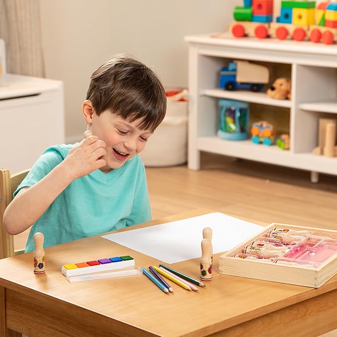 Melissa & Doug Deluxe Happy Handle Stamp Set With 10 Stamps, 5 Colored Pencils, and 6-Color Washable Ink Pad
