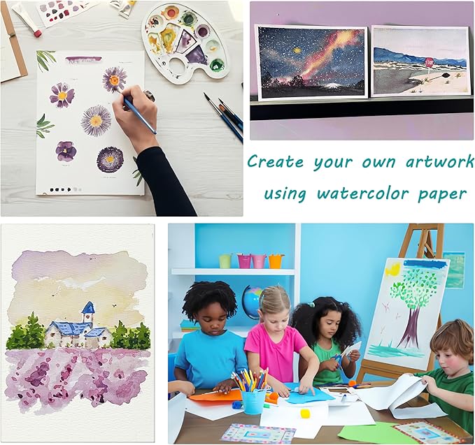 Silunkia 120 Sheets 100% Cotton Watercolor Paper 9 x 12 Inch, 140lb/300gsm Heavyweight Art Paper Cold Pressed Water Color Paper Thick Off White Paper for Kids Students Adults Artists Drawing