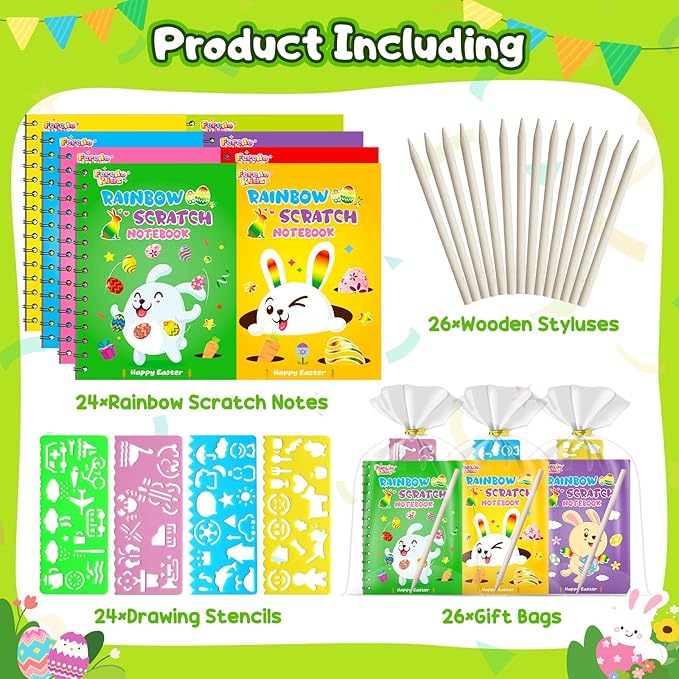 Easter Crafts for Kids Party Favors: 24 Pack Easter Rainbow Scratch Art Notebook Bulk Easter Basket Stuffers for Kids Activities Girls Boys Easter Crafts Gifts for Classroom Prizes Gifts
