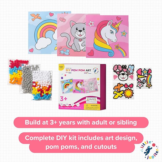 Little Jupiter DIY Pom Pom Art - Makes 3 Art Pieces -Boy & Girl Crafts for Kids Age 3-5 - Toddler Crafts Ages 3-5 - Pom Pom Arts and Crafts - Art Projects for Kids 3-5 - (Set 2-Unicorn, Rainbow, Cat)