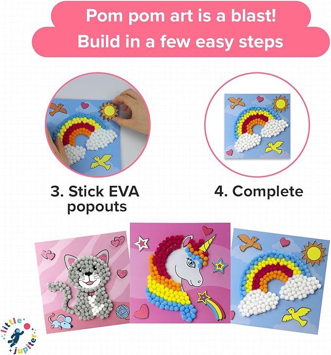 Little Jupiter DIY Pom Pom Art - Makes 3 Art Pieces -Boy & Girl Crafts for Kids Age 3-5 - Toddler Crafts Ages 3-5 - Pom Pom Arts and Crafts - Art Projects for Kids 3-5 - (Set 2-Unicorn, Rainbow, Cat)