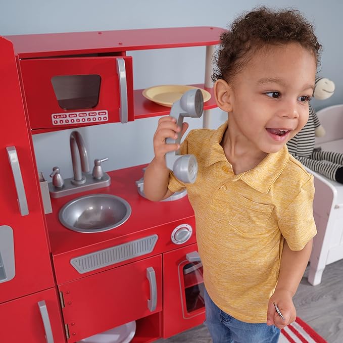 KidKraft Red Vintage Wooden Play Kitchen with Stainless Steel-Look Trim, Play Phone
