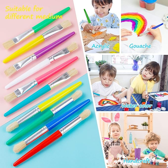 YGAOHF 48 Pack Paint Brushes for Kids - Kids Paint Brushes with Bristle, Big Washable Chubby Toddler Paint Brushes, Easy to Clean Round Flat Brushes for Acrylic Oil Watercolor Washable Paint