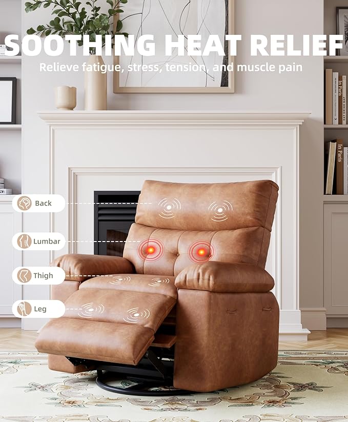 Electric Recliner Chair - 360° Rocker Swivel Recliner with Heat and Massage, PU Leather Large Power Recliner for Adults, Comfortable Lazy Chair with 1.5X Sponge Filling