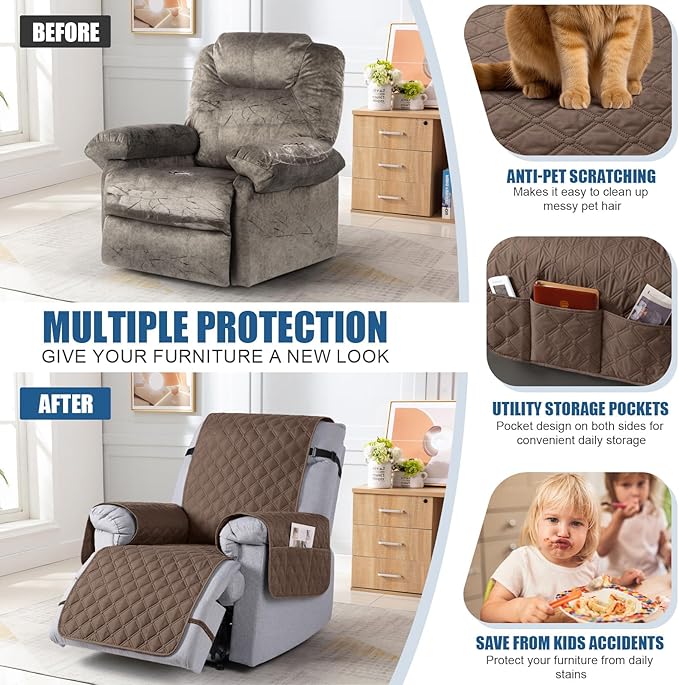 TAOCOCO 100% Waterproof Recliner Covers, Recliner Sofa Covers with Leg Straps, Reversible Recliner Couch Cover for Reclining Chair, Washable Couch Protector for Pets Kids(1 Seater 28", Brown)