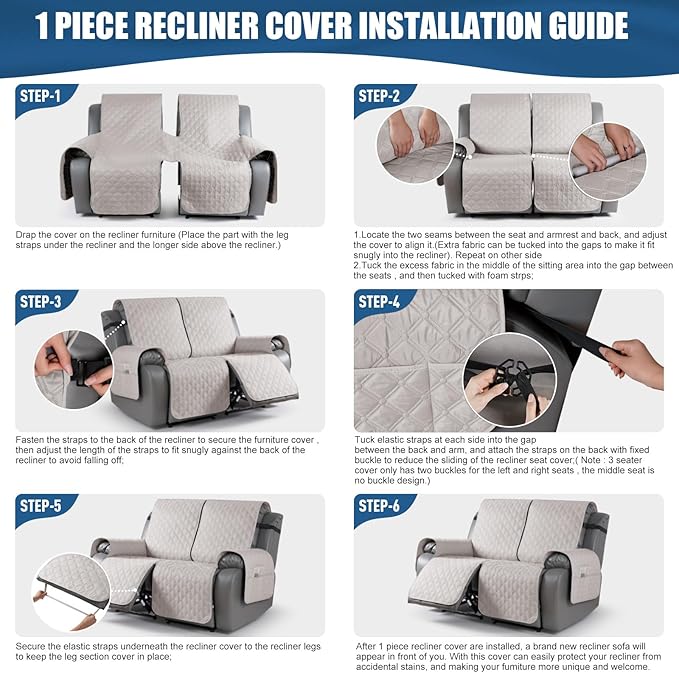 TAOCOCO Loveseat Recliner Cover, 1-Piece Waterproof, Off White, 2 Seater, Soft & Comfortable, Leg Straps, Washable, Couch Protector for Dogs Kids