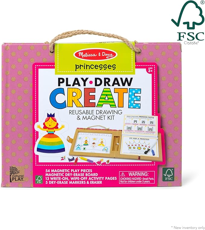 Melissa & Doug Natural Play: Play, Draw, Create Reusable Drawing & Magnet Kit – Princesses (54 Magnets, 5 Dry-Erase Markers) - FSC Certified