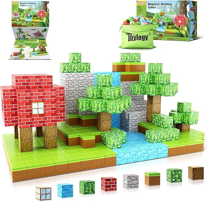 Magnetic Blocks-Build Mine Magnet World Edition, Magnetic Toys for Boys & Girls Age 3-4 4-5 6-8,STEM Montessori Sensory Toys for Toddlers Gifts for 3+ Years Old,48PCS Fidget 1" Cubes Construction Toys