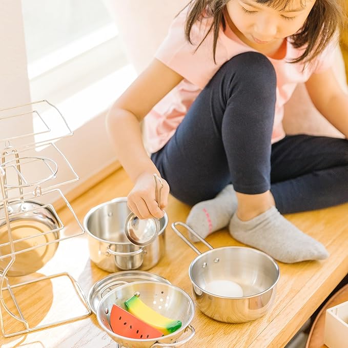 Melissa & Doug Stainless Steel Pots and Pans Pretend Play Kitchen Set for Kids (8 pcs)